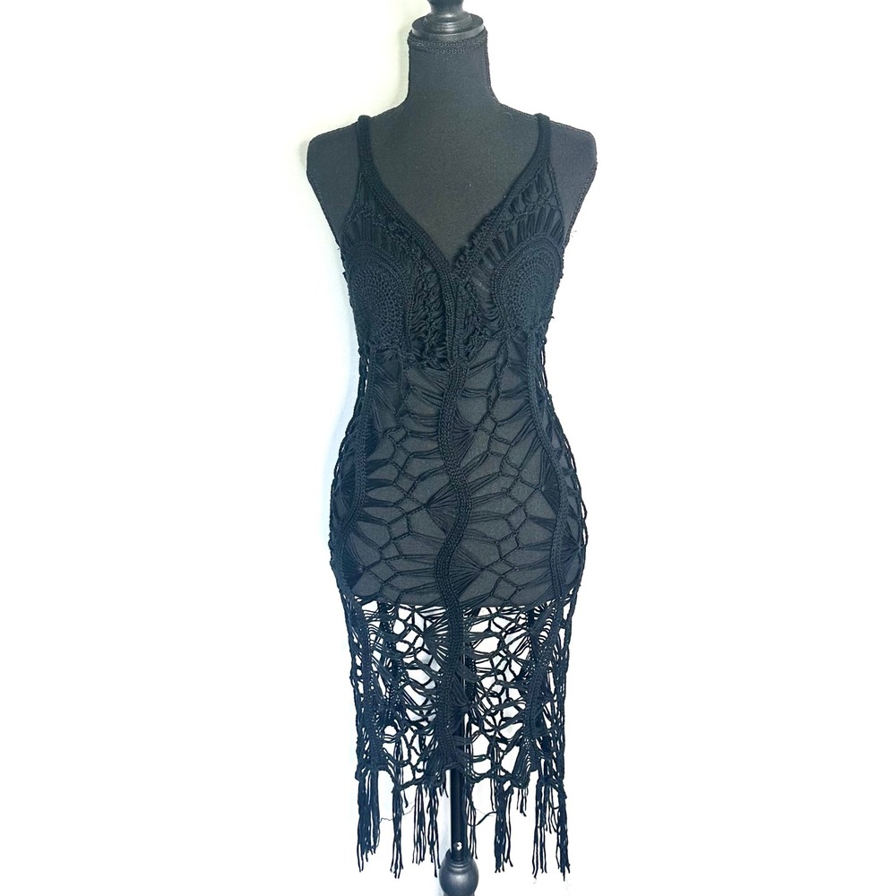 Black Crochet Spiderweb Midi Dress Fringe Boho Festival Rave Coverup Sleeveless